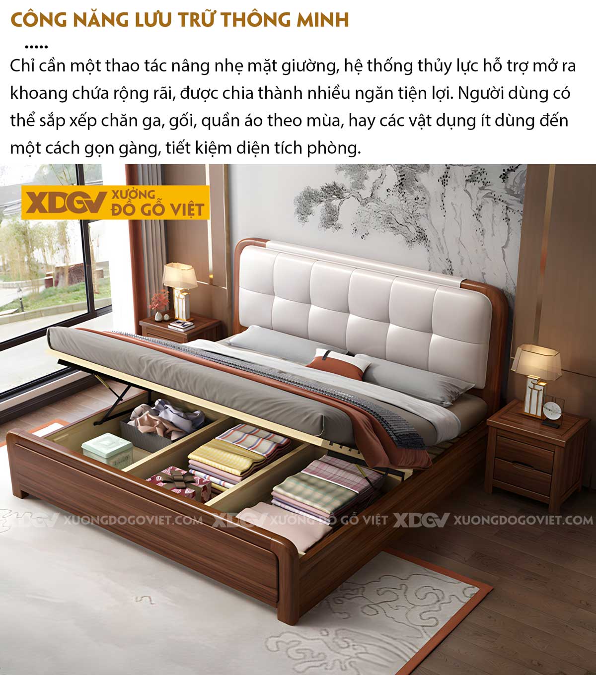 Giường Ngủ Gỗ Óc Chó Tự Nhiên Đầu Bọc Nệm Trắng Sang Trọng