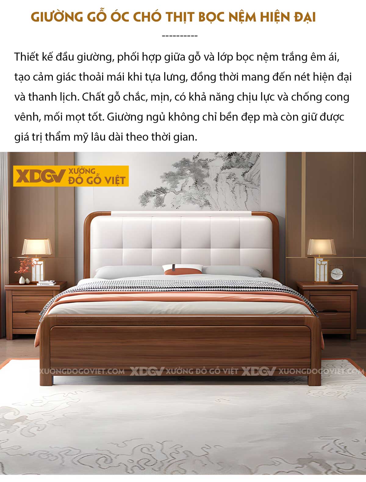 Giường Ngủ Gỗ Óc Chó Tự Nhiên Đầu Bọc Nệm Trắng Sang Trọng