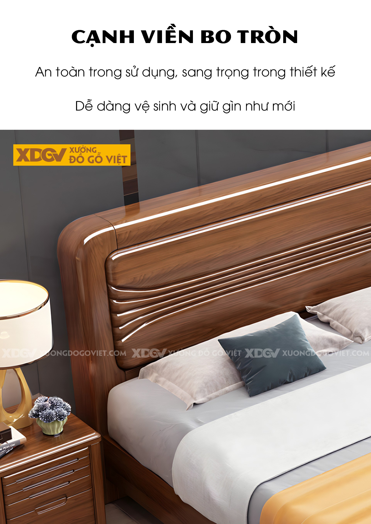 Giường Ngủ Gỗ Sồi Dày Dặn Đầu Bo Góc Họa Tiết Sóng Nước