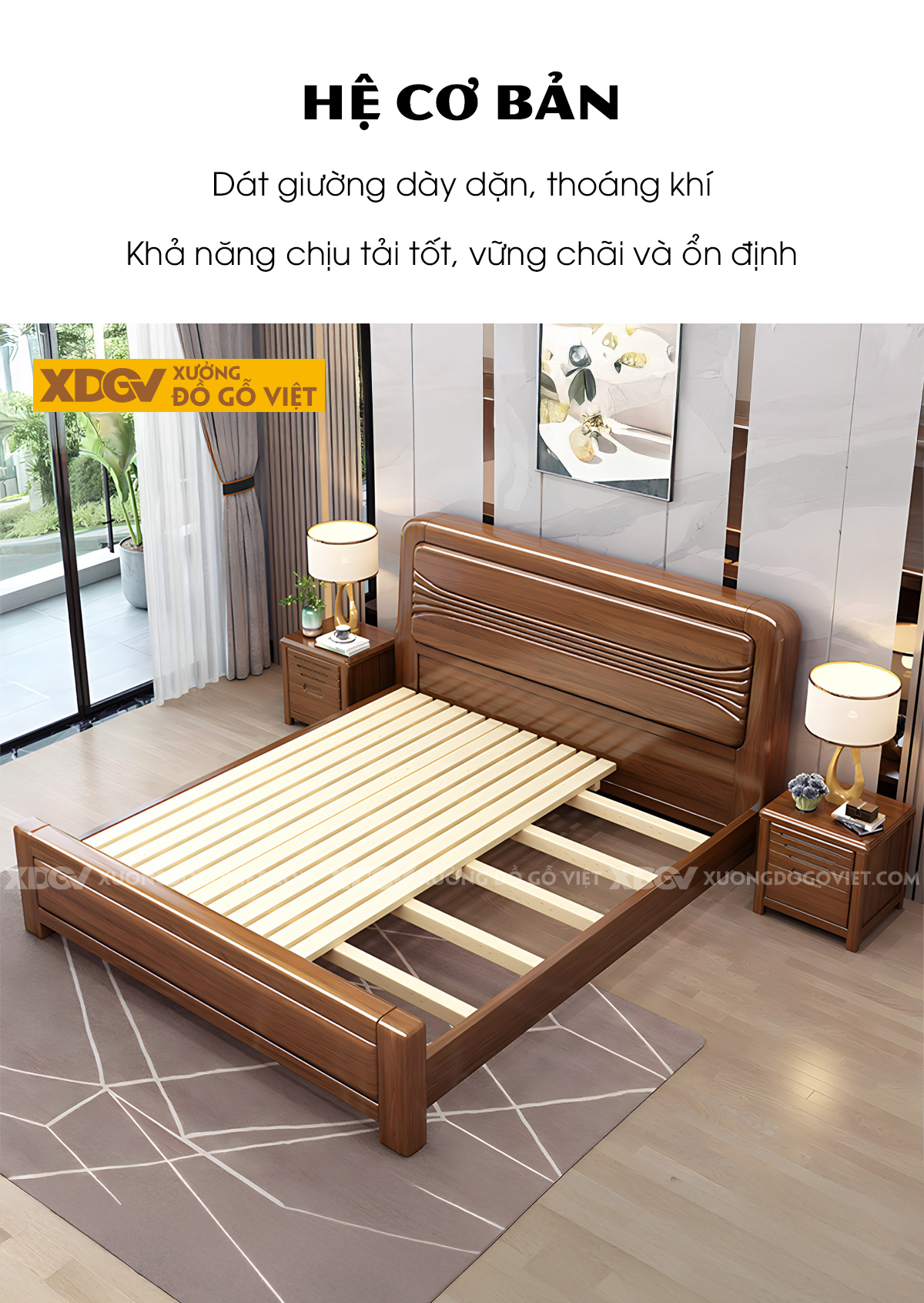 Giường Ngủ Gỗ Sồi Dày Dặn Đầu Bo Góc Họa Tiết Sóng Nước