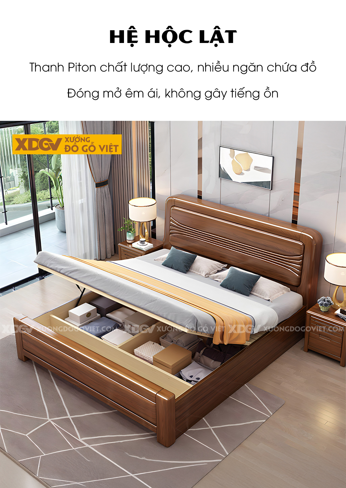 Giường Ngủ Gỗ Sồi Dày Dặn Đầu Bo Góc Họa Tiết Sóng Nước