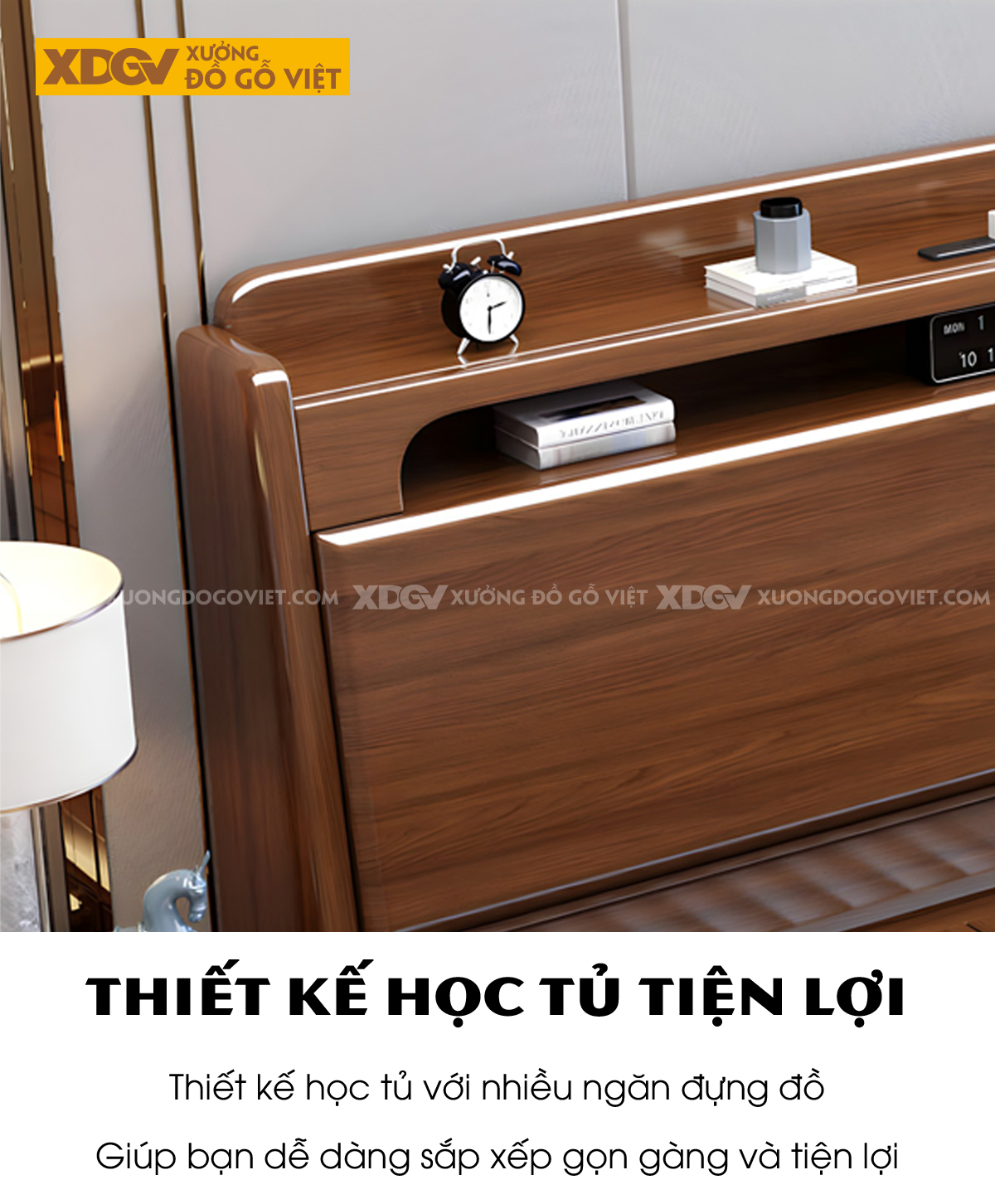 Giường Ngủ Gỗ Sồi Dày Dặn Hệ Cửa Mở Và Kệ Trên Đầu Giường