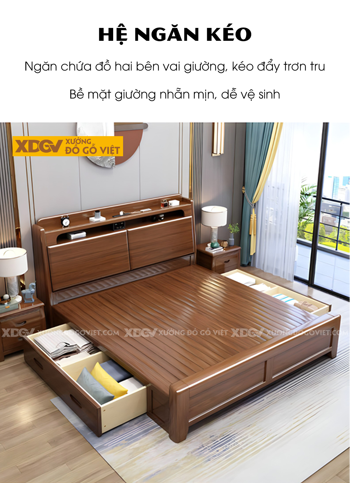 Giường Ngủ Gỗ Sồi Dày Dặn Hệ Cửa Mở Và Kệ Trên Đầu Giường