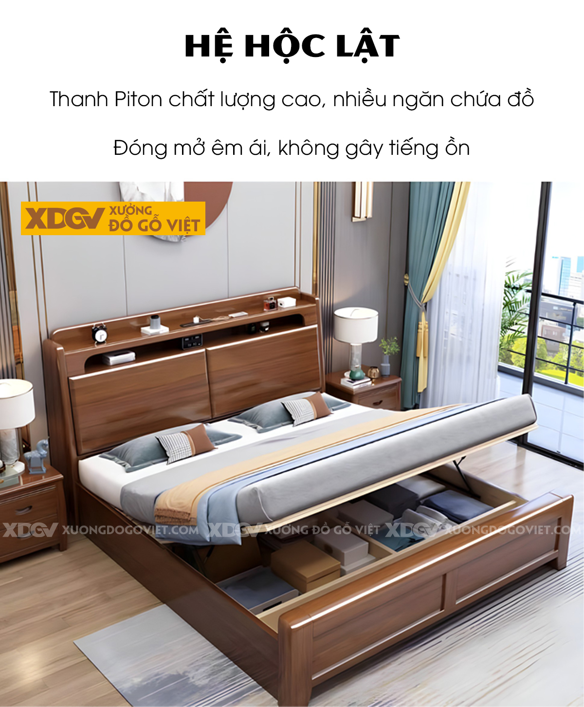 Giường Ngủ Gỗ Sồi Dày Dặn Hệ Cửa Mở Và Kệ Trên Đầu Giường
