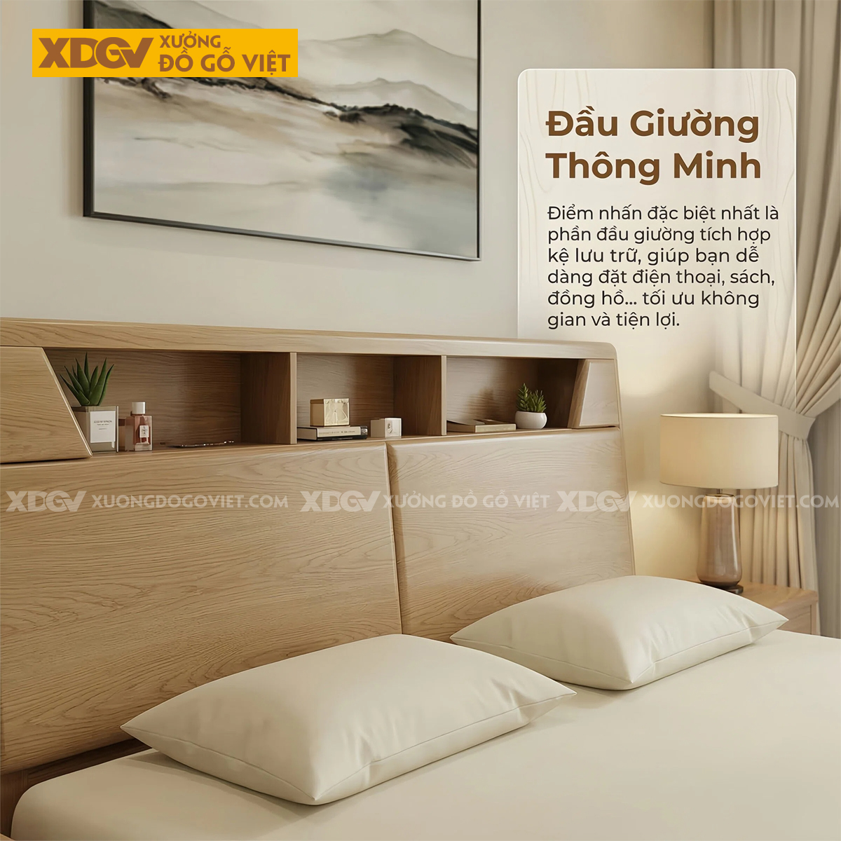 Giường Ngủ Gỗ Sồi Mỹ Thiết Kế Bo Góc Mềm Mại Kèm Kệ Lưu Trữ