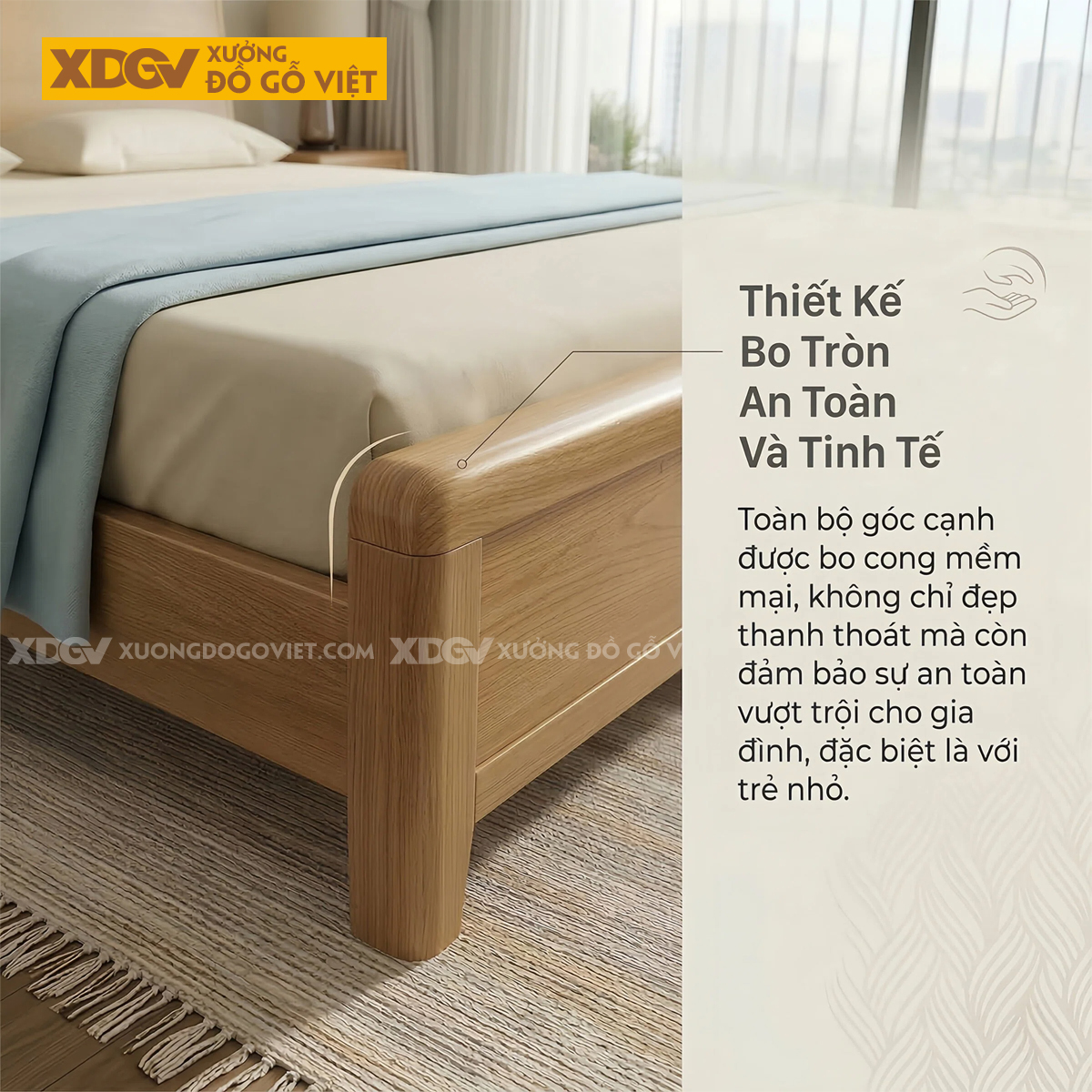 Giường Ngủ Gỗ Sồi Mỹ Thiết Kế Bo Góc Mềm Mại Kèm Kệ Lưu Trữ