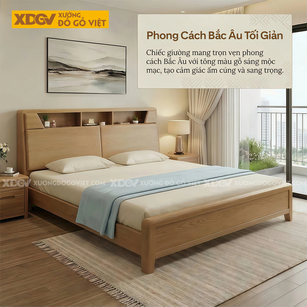 Giường Ngủ Gỗ Sồi Mỹ Thiết Kế Bo Góc Mềm Mại Kèm Kệ Lưu Trữ