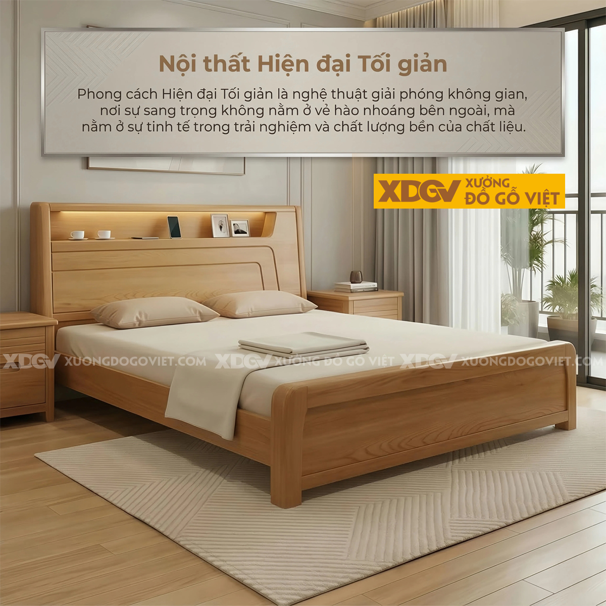 Giường Ngủ Gỗ Sồi Mỹ Thiết Kế Rãnh Kẻ Phối Kèm Kệ Đầu Giường