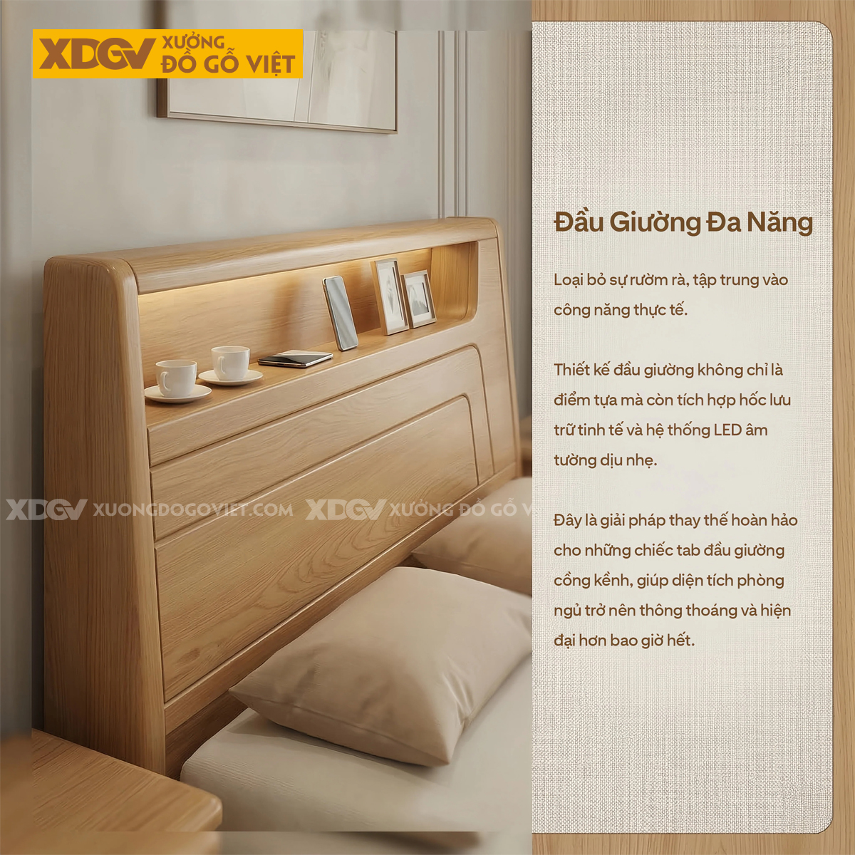 Giường Ngủ Gỗ Sồi Mỹ Thiết Kế Rãnh Kẻ Phối Kèm Kệ Đầu Giường