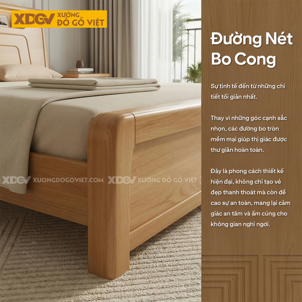 Giường Ngủ Gỗ Sồi Mỹ Thiết Kế Rãnh Kẻ Phối Kèm Kệ Đầu Giường