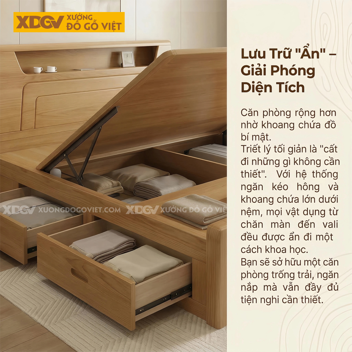 Giường Ngủ Gỗ Sồi Mỹ Thiết Kế Rãnh Kẻ Phối Kèm Kệ Đầu Giường