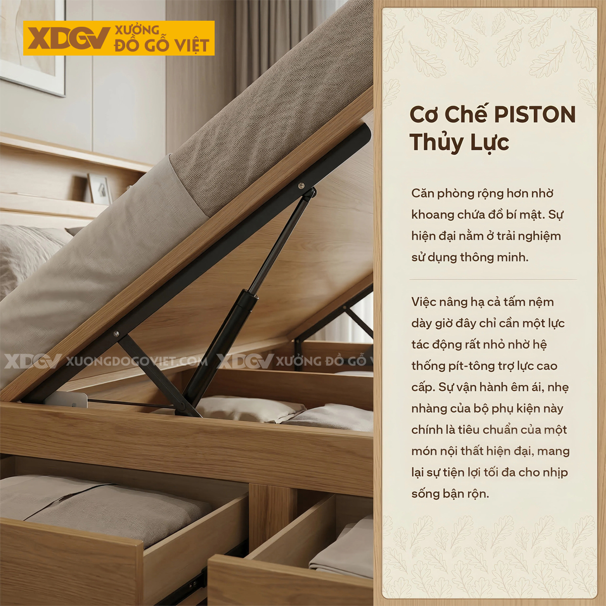 Giường Ngủ Gỗ Sồi Mỹ Thiết Kế Rãnh Kẻ Phối Kèm Kệ Đầu Giường