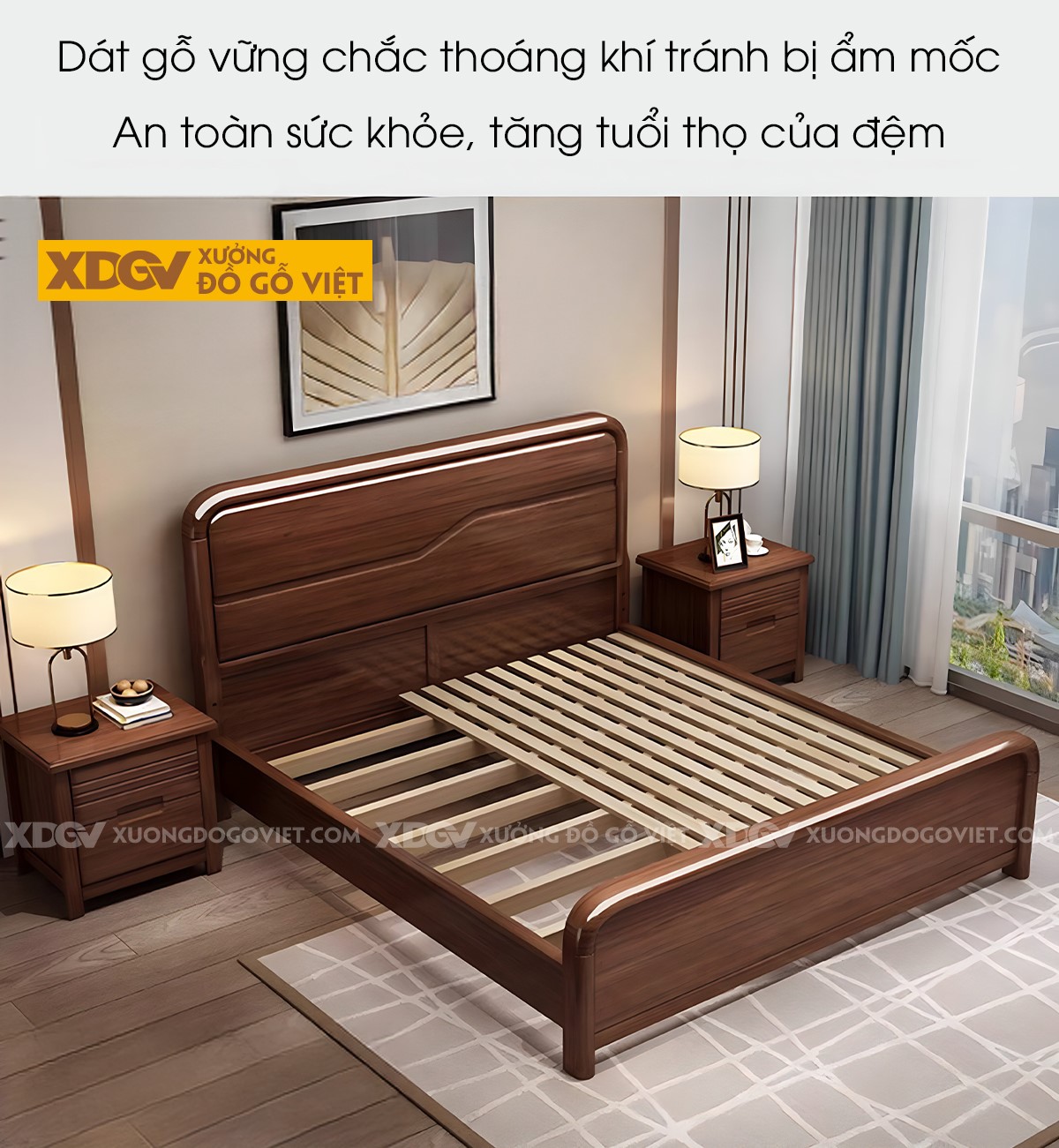 Giường Ngủ Gỗ Sồi Tự Nhiên Đầu Bo Tròn Pano Kẻ Chỉ Gợn Sóng