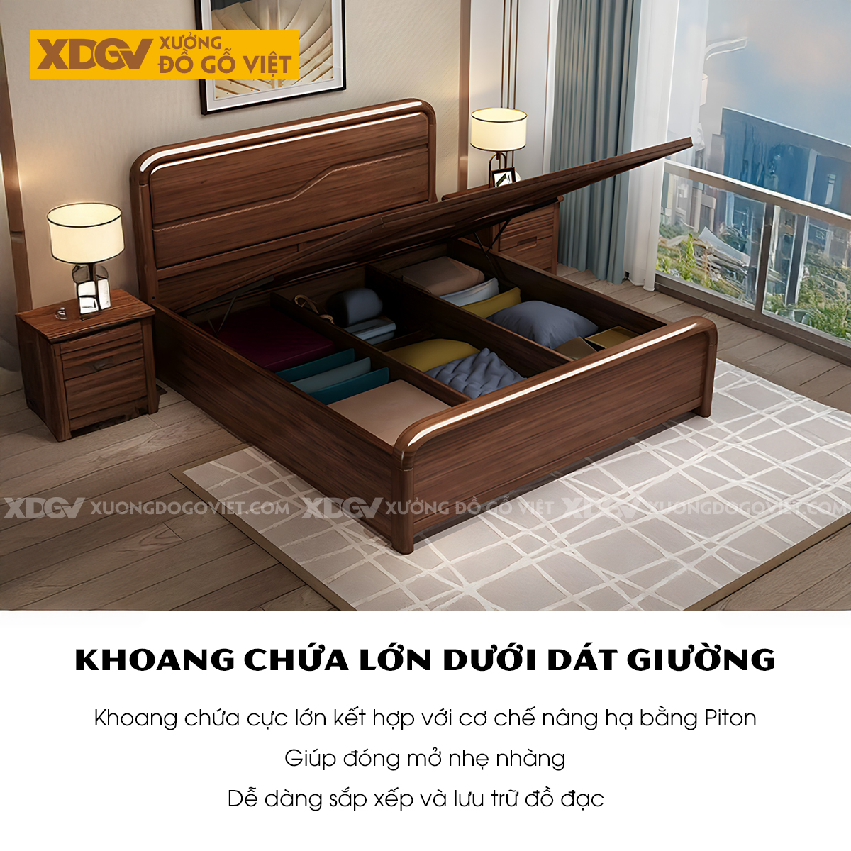 Giường Ngủ Gỗ Sồi Tự Nhiên Đầu Bo Tròn Pano Kẻ Chỉ Gợn Sóng