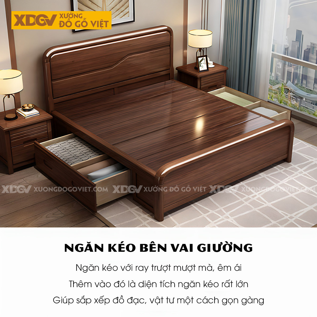 Giường Ngủ Gỗ Sồi Tự Nhiên Đầu Bo Tròn Pano Kẻ Chỉ Gợn Sóng