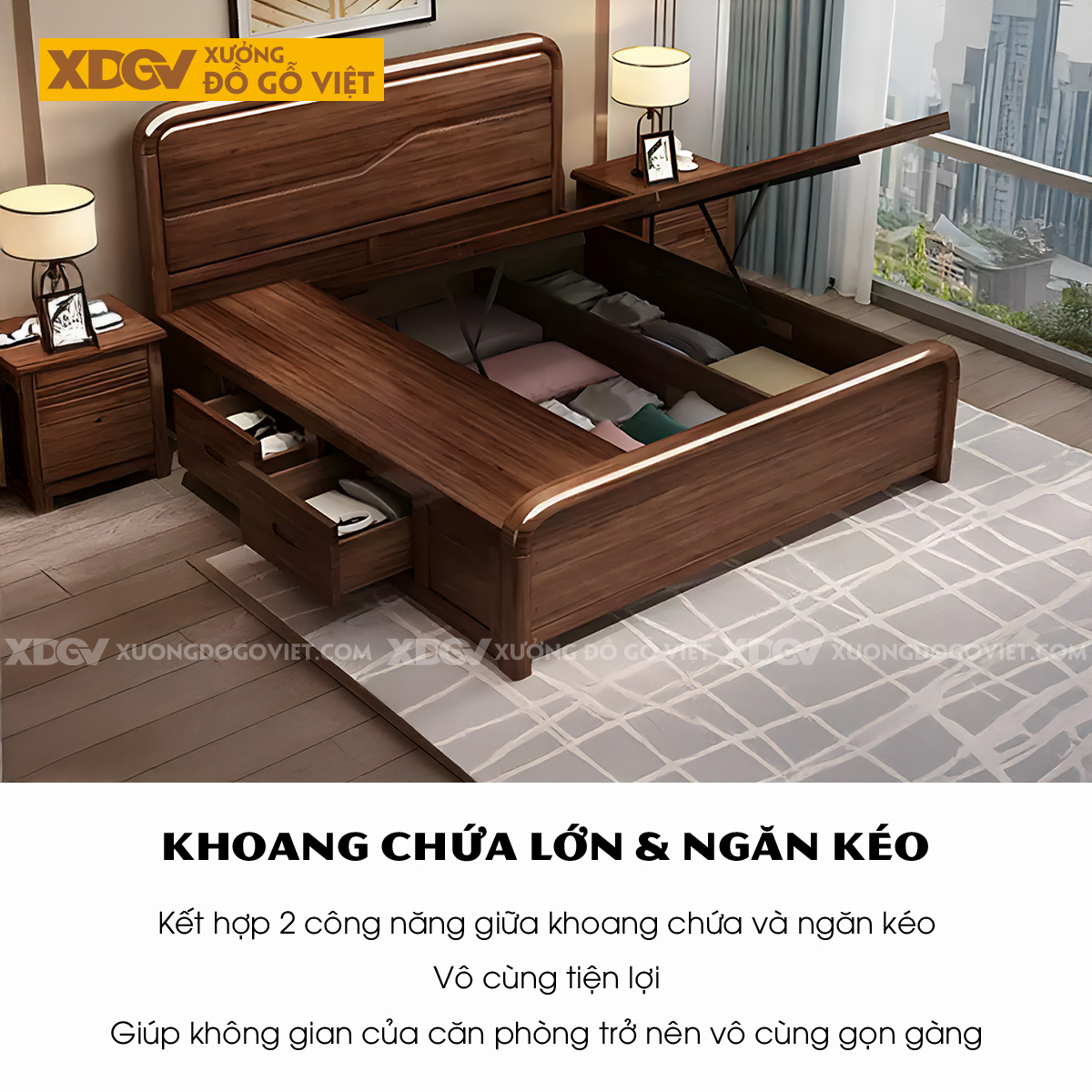 Giường Ngủ Gỗ Sồi Tự Nhiên Đầu Bo Tròn Pano Kẻ Chỉ Gợn Sóng
