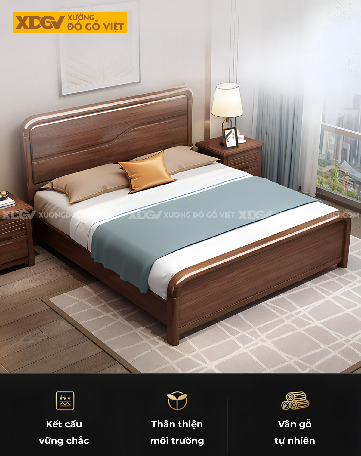 Giường Ngủ Gỗ Sồi Tự Nhiên Đầu Bo Tròn Pano Kẻ Chỉ Gợn Sóng