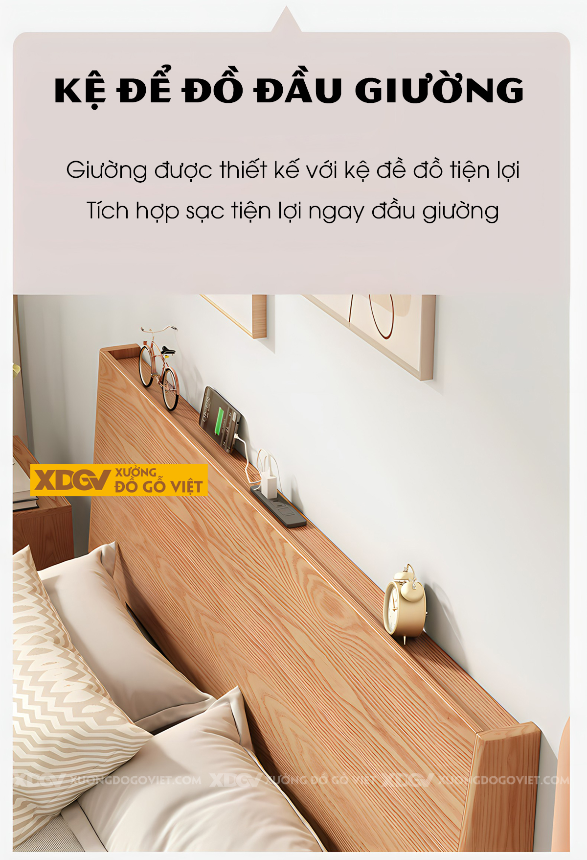 Giường Ngủ Gỗ Sồi Tự Nhiên Hiện Đại Kệ Sau Đầu Giường