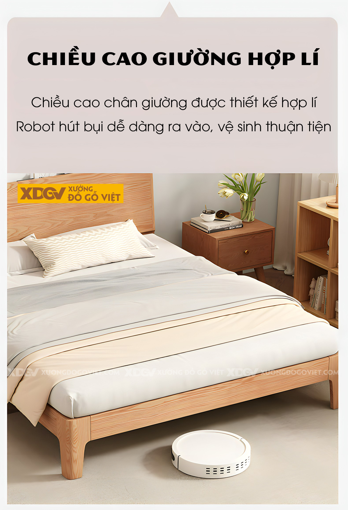 Giường Ngủ Gỗ Sồi Tự Nhiên Hiện Đại Kệ Sau Đầu Giường