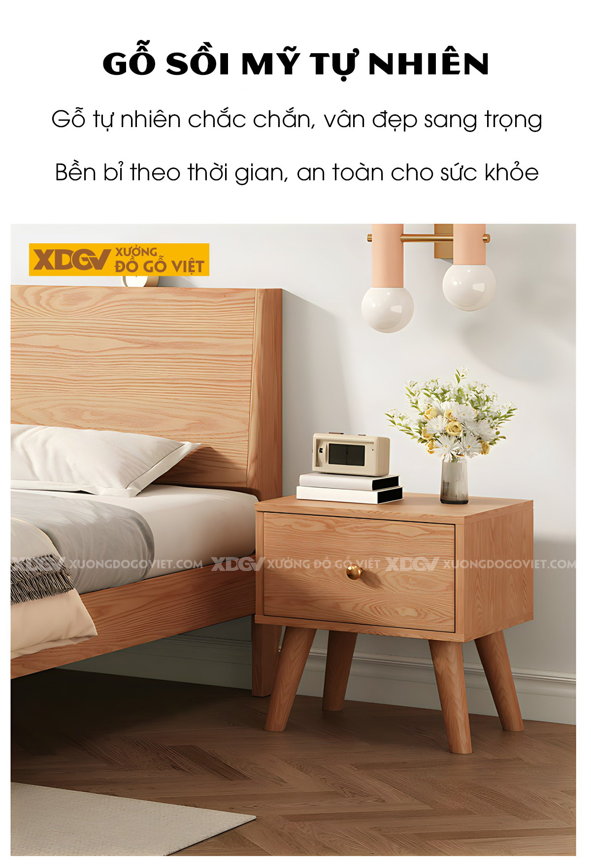 Giường Ngủ Gỗ Sồi Tự Nhiên Hiện Đại Kệ Sau Đầu Giường