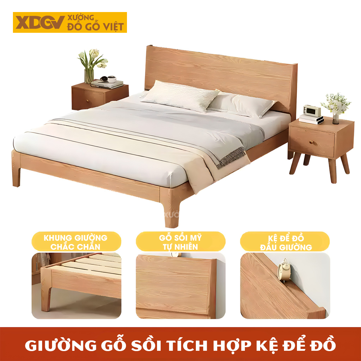 Giường Ngủ Gỗ Sồi Tự Nhiên Hiện Đại Kệ Sau Đầu Giường