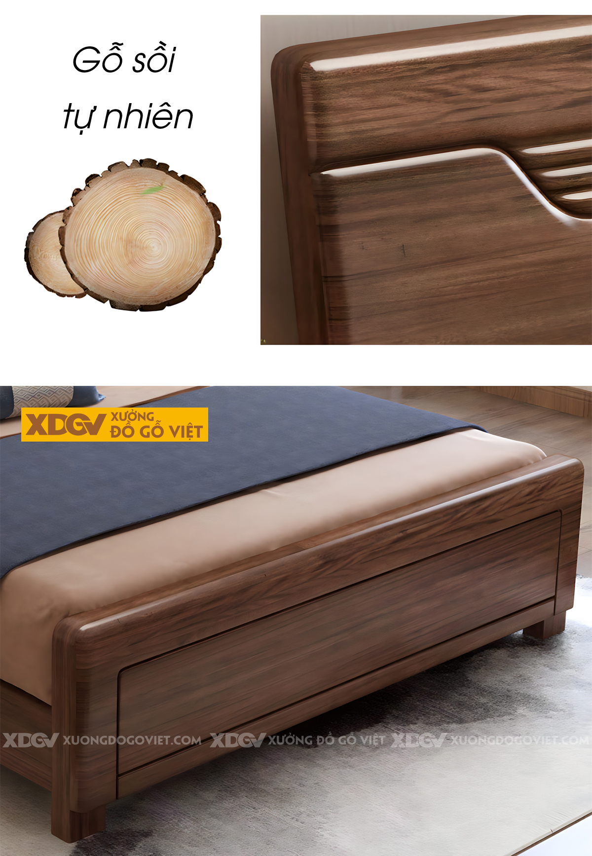 Giường Ngủ Gỗ Sồi Tự Nhiên Kẻ Rãnh Họa Tiết Nghệ Thuật