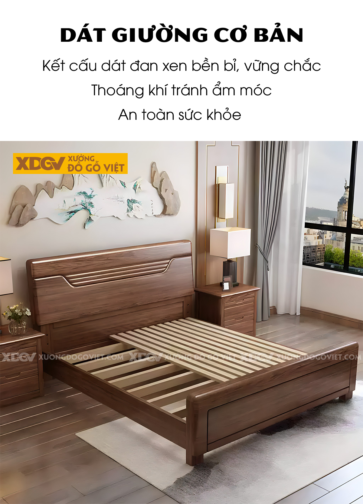 Giường Ngủ Gỗ Sồi Tự Nhiên Kẻ Rãnh Họa Tiết Nghệ Thuật