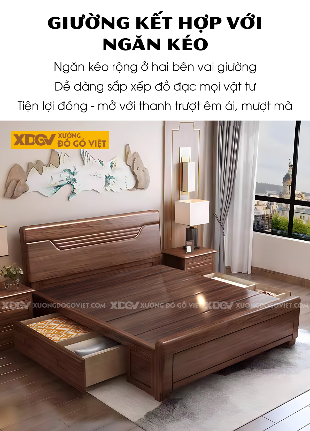 Giường Ngủ Gỗ Sồi Tự Nhiên Kẻ Rãnh Họa Tiết Nghệ Thuật