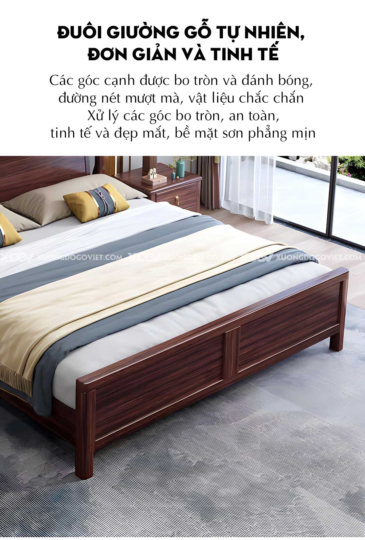 Giường Ngủ Gỗ Tự Nhiên Căm Xe Á Đông Đầu Bọc Nệm Kẻ Chỉ Dọc