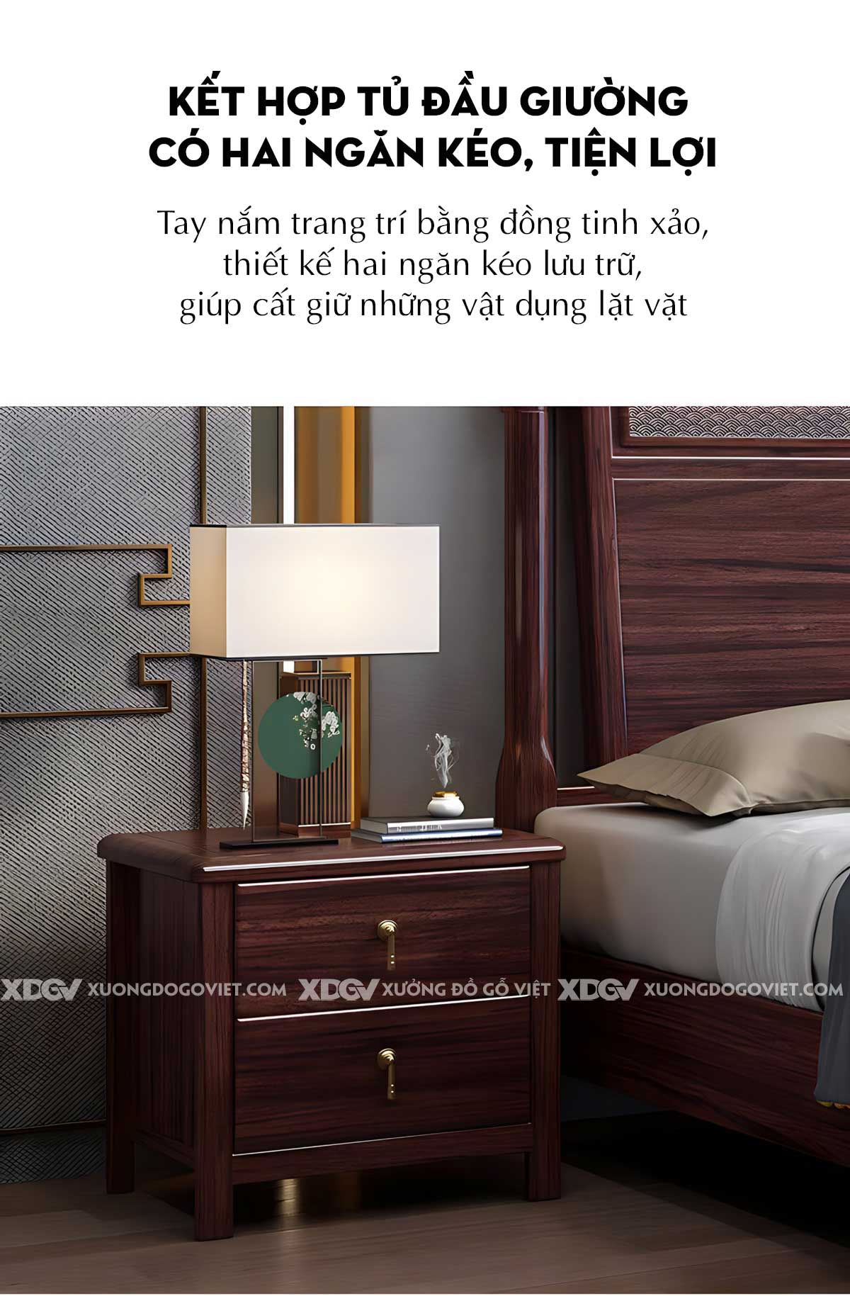 Giường Ngủ Gỗ Tự Nhiên Căm Xe Á Đông Đầu Bọc Nệm Kẻ Chỉ Dọc