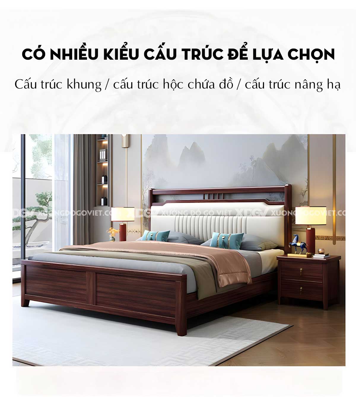 Giường Ngủ Gỗ Tự Nhiên Căm Xe Á Đông Đầu Bọc Nệm Kẻ Chỉ Dọc