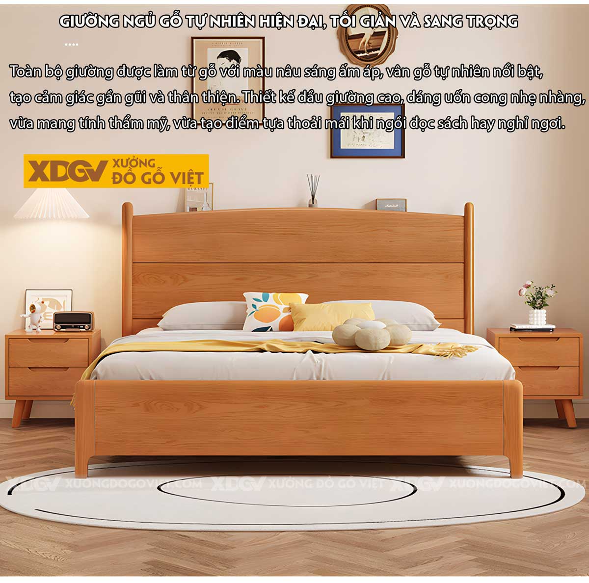 Giường Ngủ Gỗ Veneer Gõ Đỏ Chân Trụ Đầu Ghép Tấm Có Kệ Sau