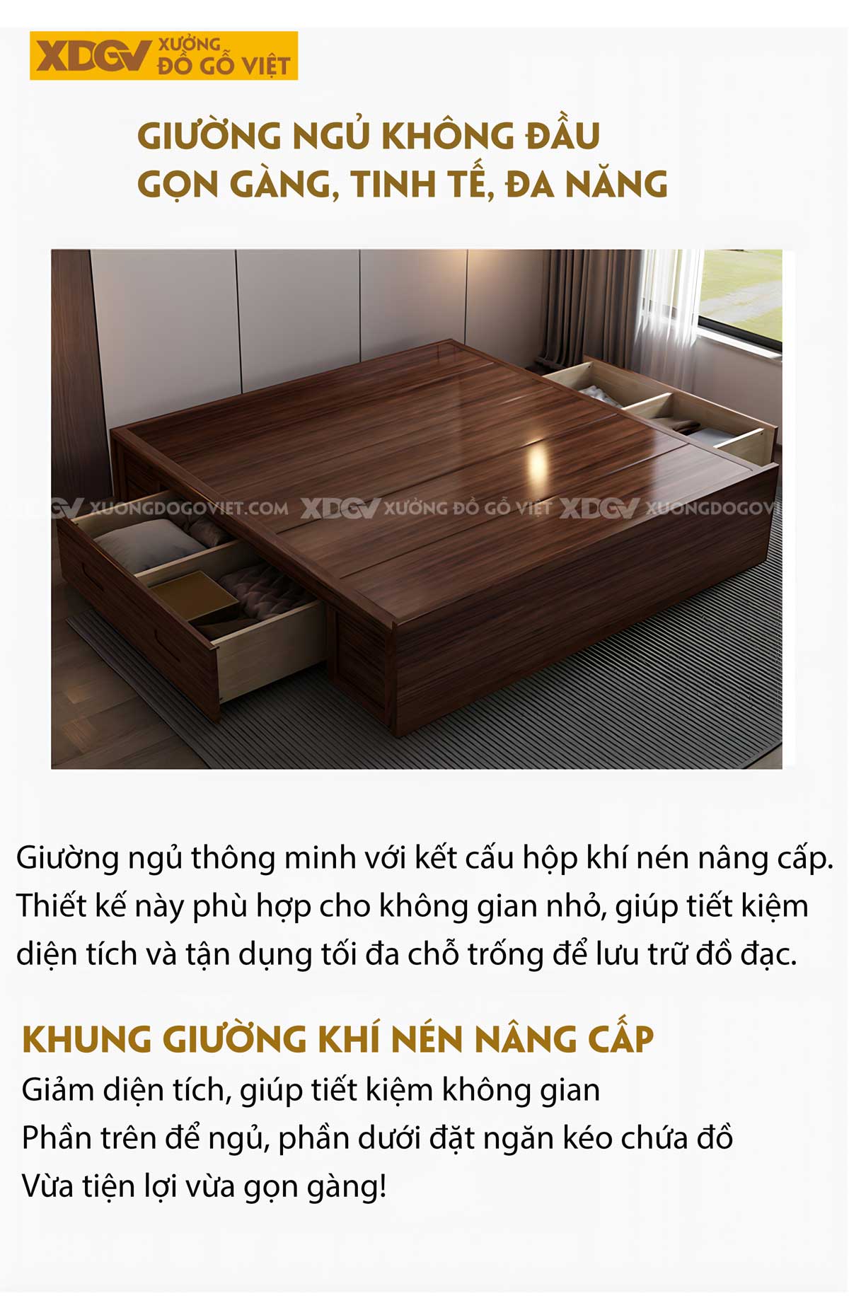 Giường Ngủ Gỗ Veneer Óc Chó Dạng Bục Tối Giản Có Ngăn Dưới