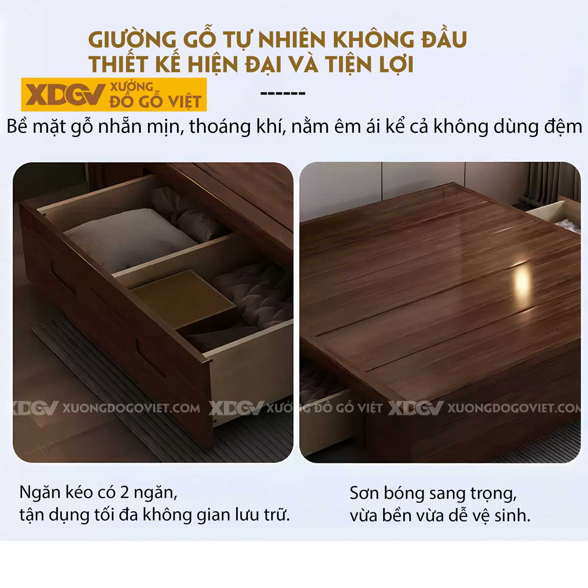 Giường Ngủ Gỗ Veneer Óc Chó Dạng Bục Tối Giản Có Ngăn Dưới