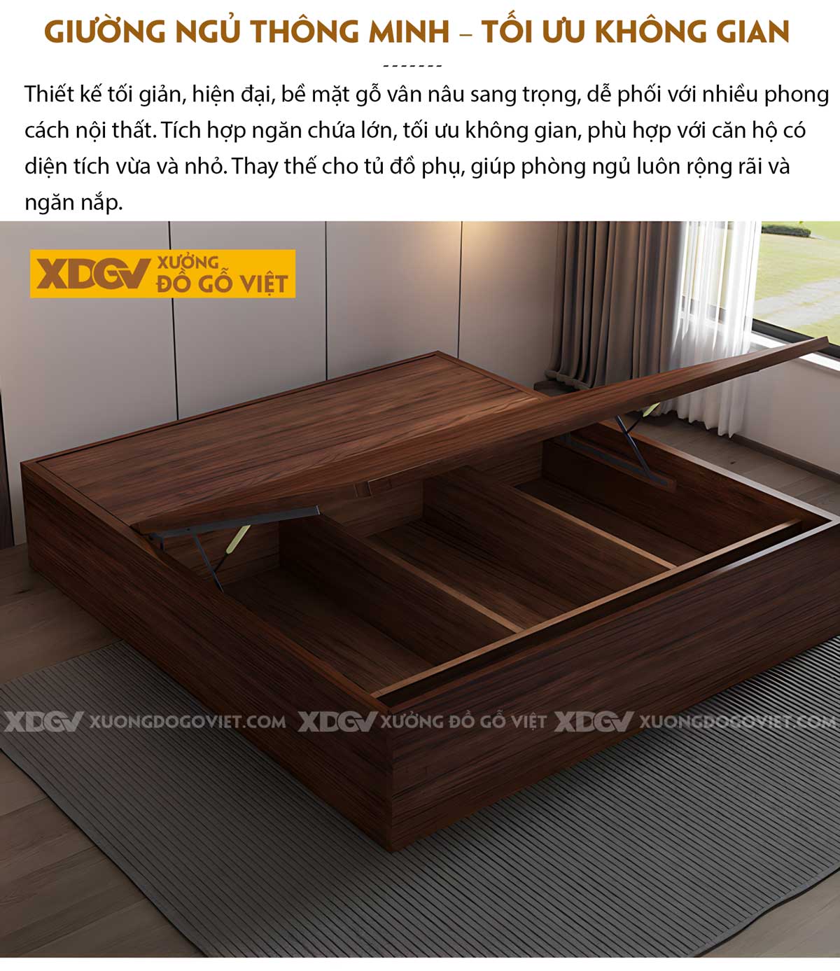 Giường Ngủ Gỗ Veneer Óc Chó Dạng Bục Tối Giản Có Ngăn Dưới