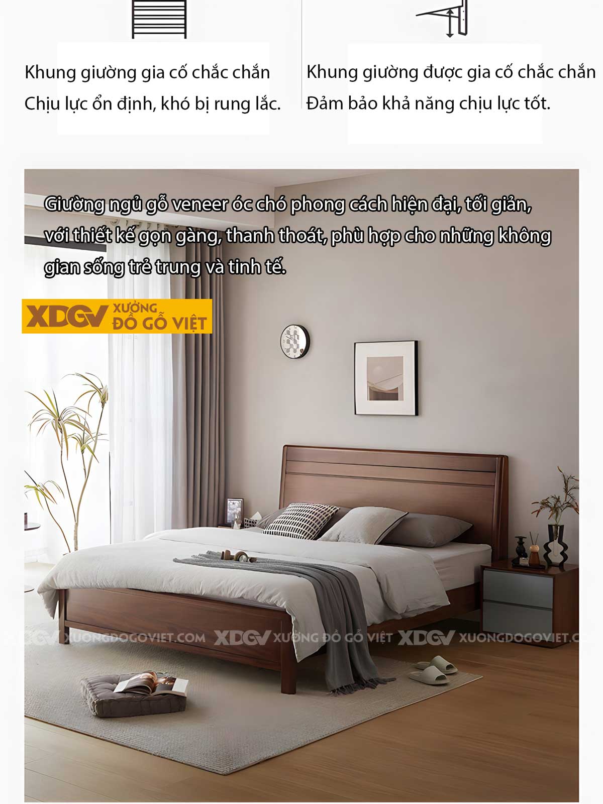 Giường Ngủ Gỗ Veneer Óc Chó Hiện Đại Tối Giản Đầu Rãnh Ngang