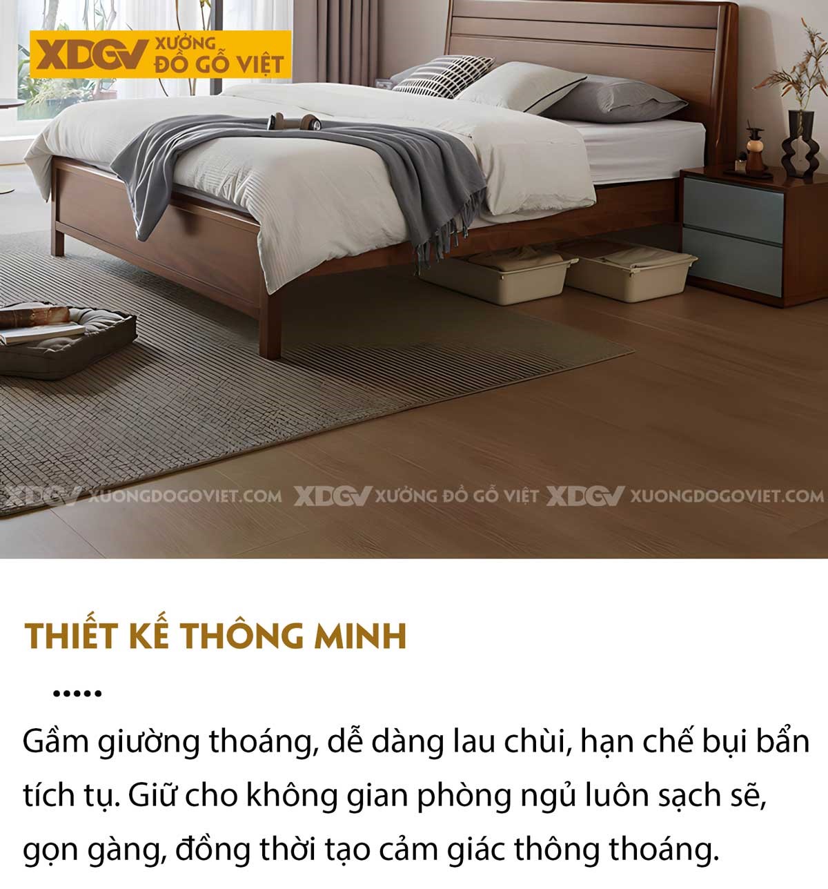 Giường Ngủ Gỗ Veneer Óc Chó Hiện Đại Tối Giản Đầu Rãnh Ngang