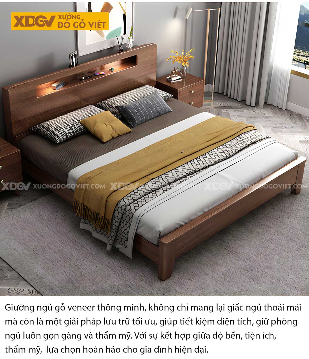Giường Ngủ Gỗ Veneer Óc Chó Tích Hợp 2 Kệ Để Đồ Có Đèn Led