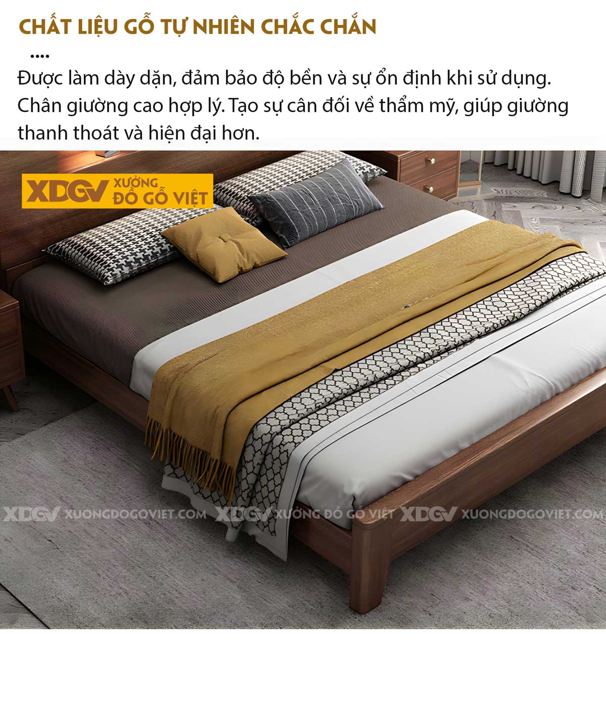 Giường Ngủ Gỗ Veneer Óc Chó Tích Hợp 2 Kệ Để Đồ Có Đèn Led