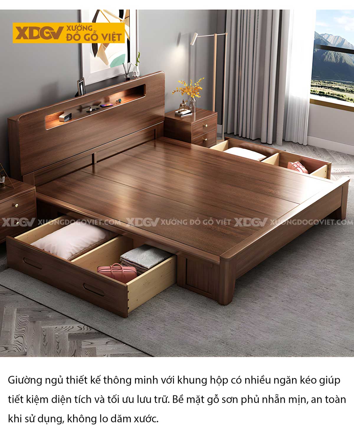 Giường Ngủ Gỗ Veneer Óc Chó Tích Hợp 2 Kệ Để Đồ Có Đèn Led