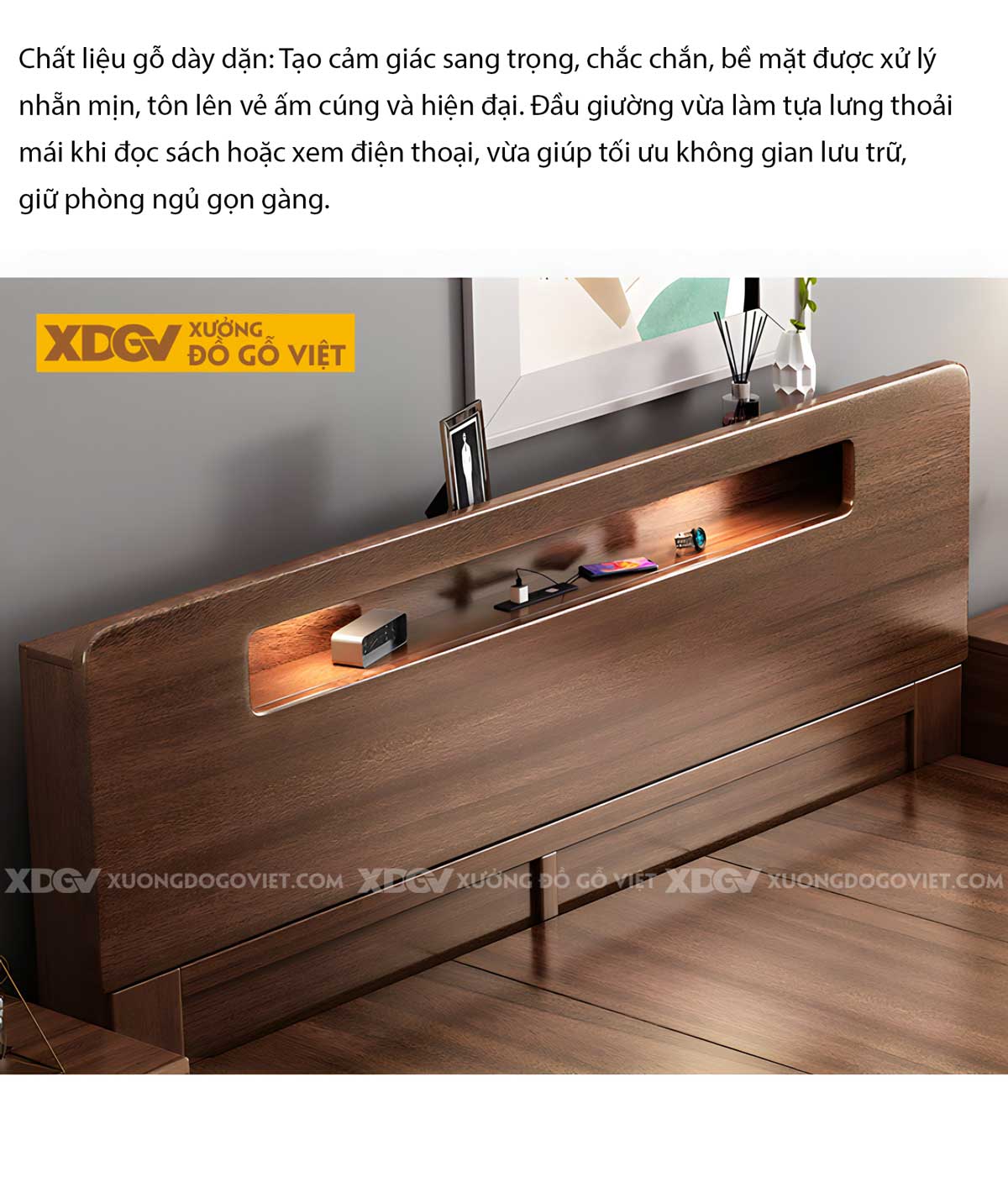 Giường Ngủ Gỗ Veneer Óc Chó Tích Hợp 2 Kệ Để Đồ Có Đèn Led