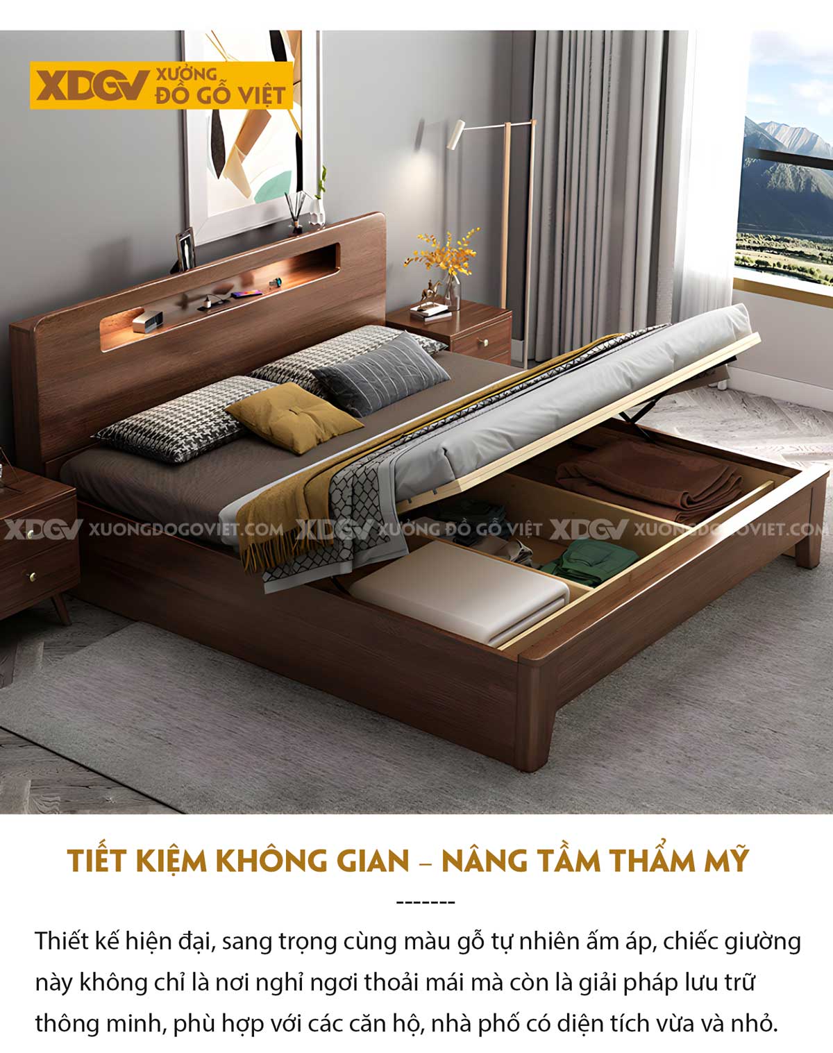 Giường Ngủ Gỗ Veneer Óc Chó Tích Hợp 2 Kệ Để Đồ Có Đèn Led