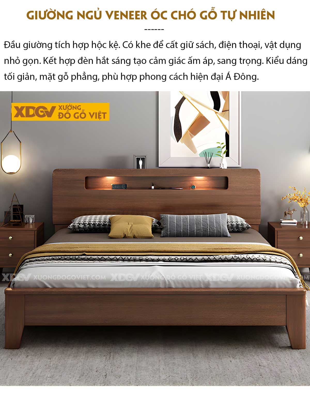 Giường Ngủ Gỗ Veneer Óc Chó Tích Hợp 2 Kệ Để Đồ Có Đèn Led