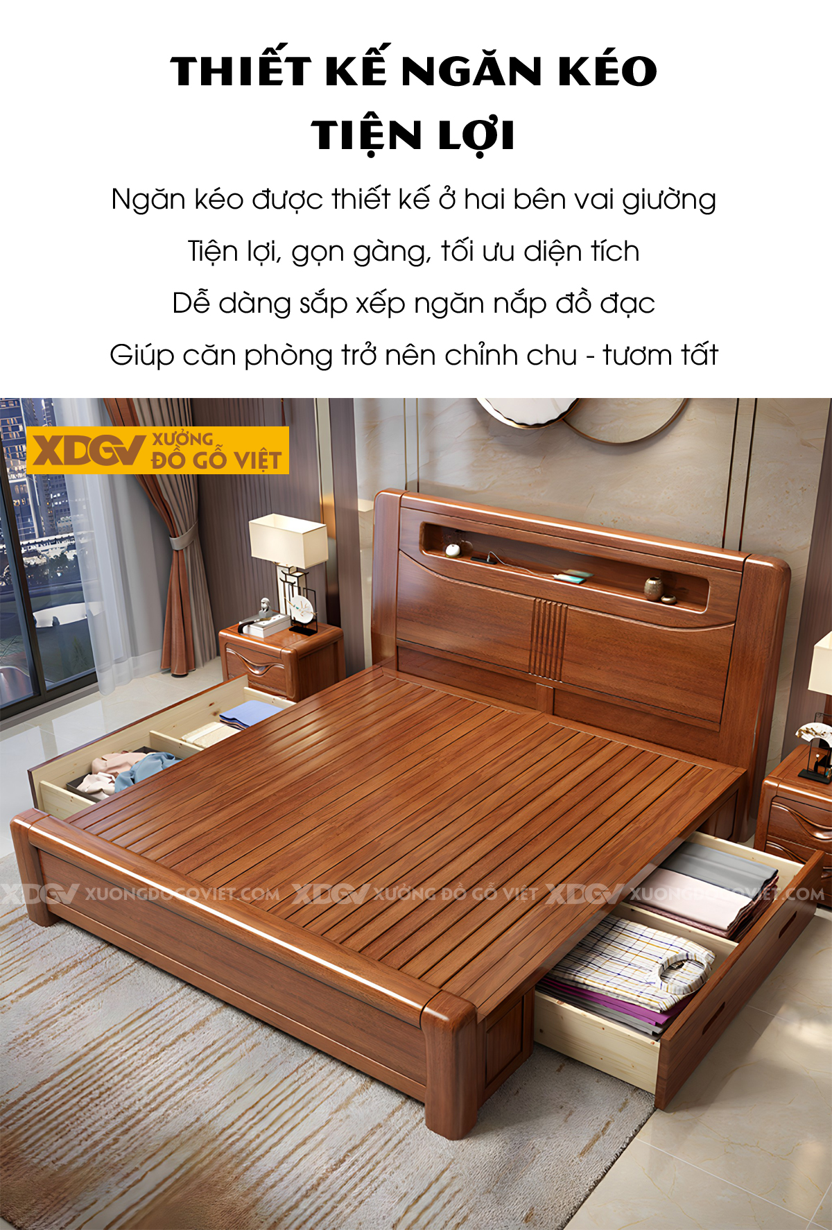 Giường Ngủ Gỗ Xoan Đào Dày Bo Góc Đầu Kẻ Rãnh Kệ Âm Có Led