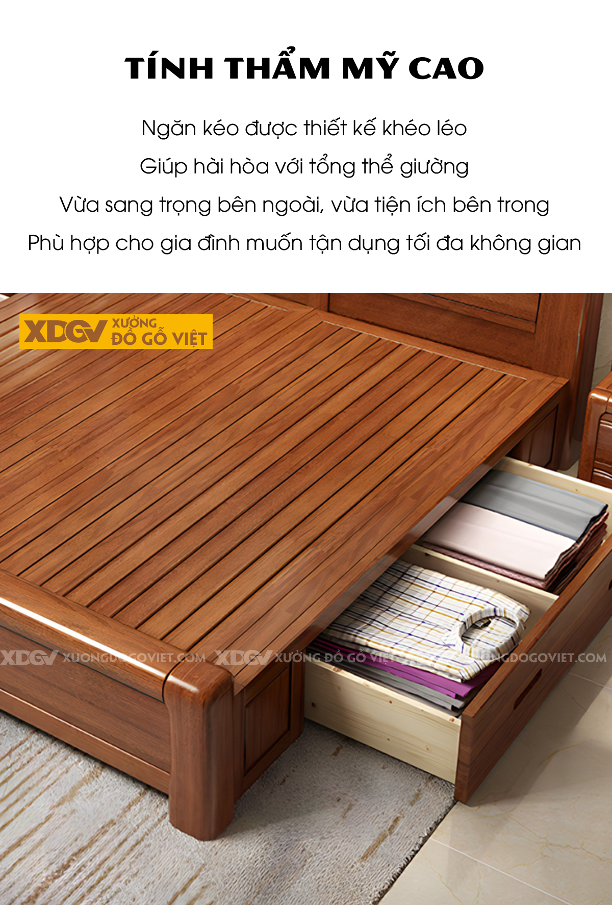 Giường Ngủ Gỗ Xoan Đào Dày Bo Góc Đầu Kẻ Rãnh Kệ Âm Có Led