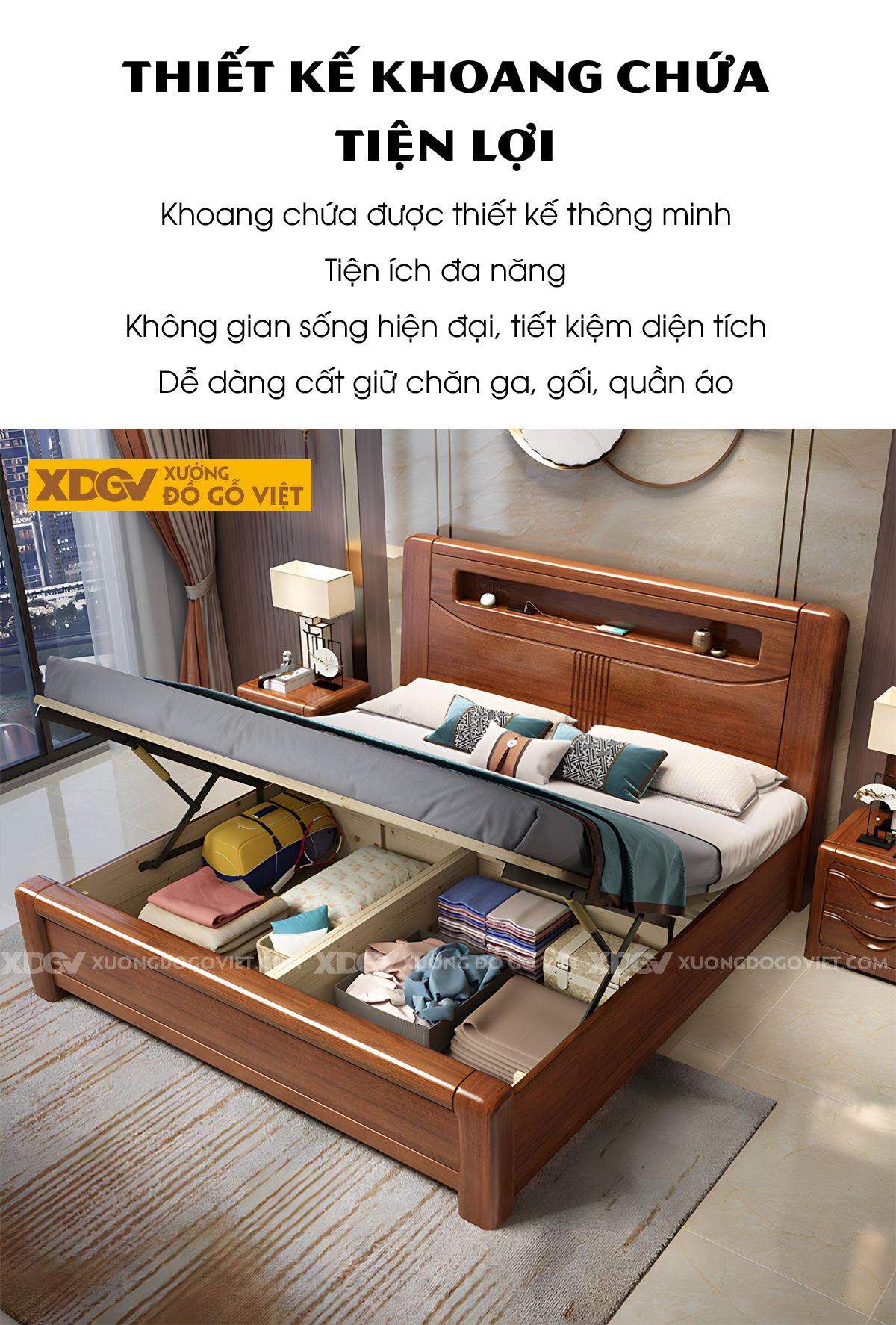 Giường Ngủ Gỗ Xoan Đào Dày Bo Góc Đầu Kẻ Rãnh Kệ Âm Có Led
