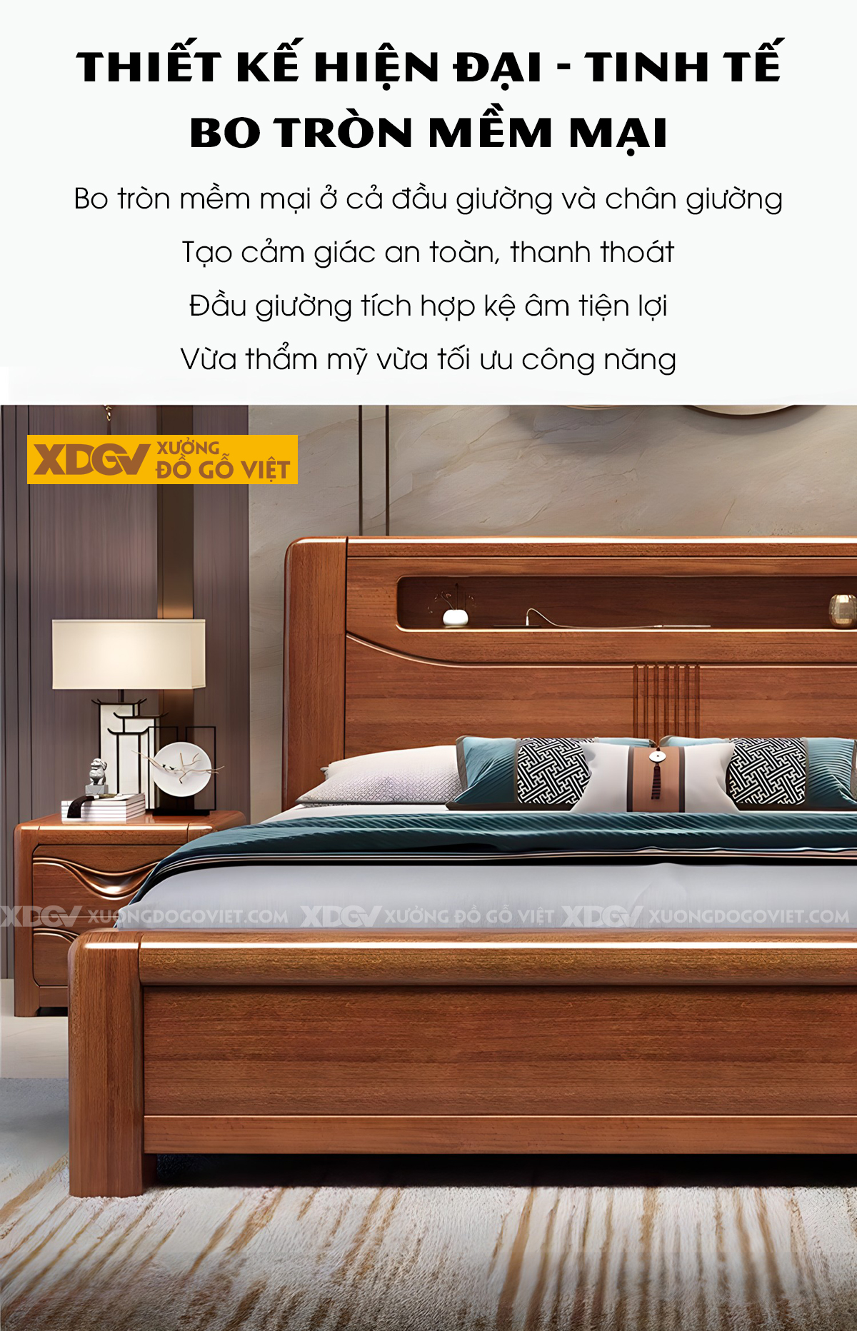 Giường Ngủ Gỗ Xoan Đào Dày Bo Góc Đầu Kẻ Rãnh Kệ Âm Có Led