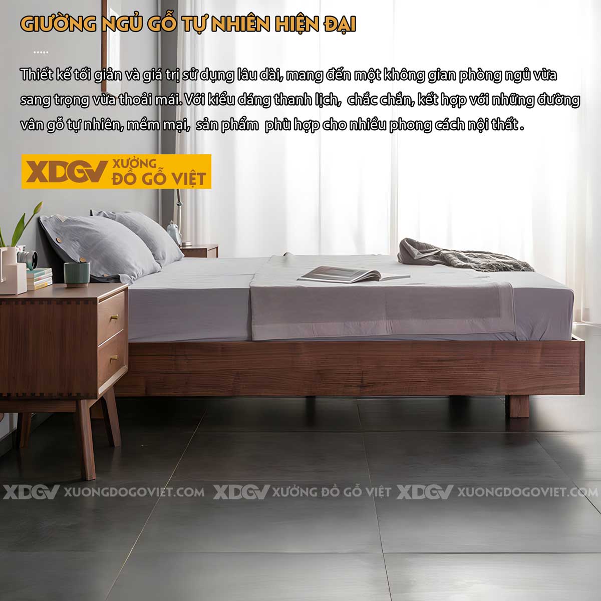 Giường Ngủ Hộp Gỗ Óc Chó Japandi Giấu Chân Tối Giản Hiện Đại