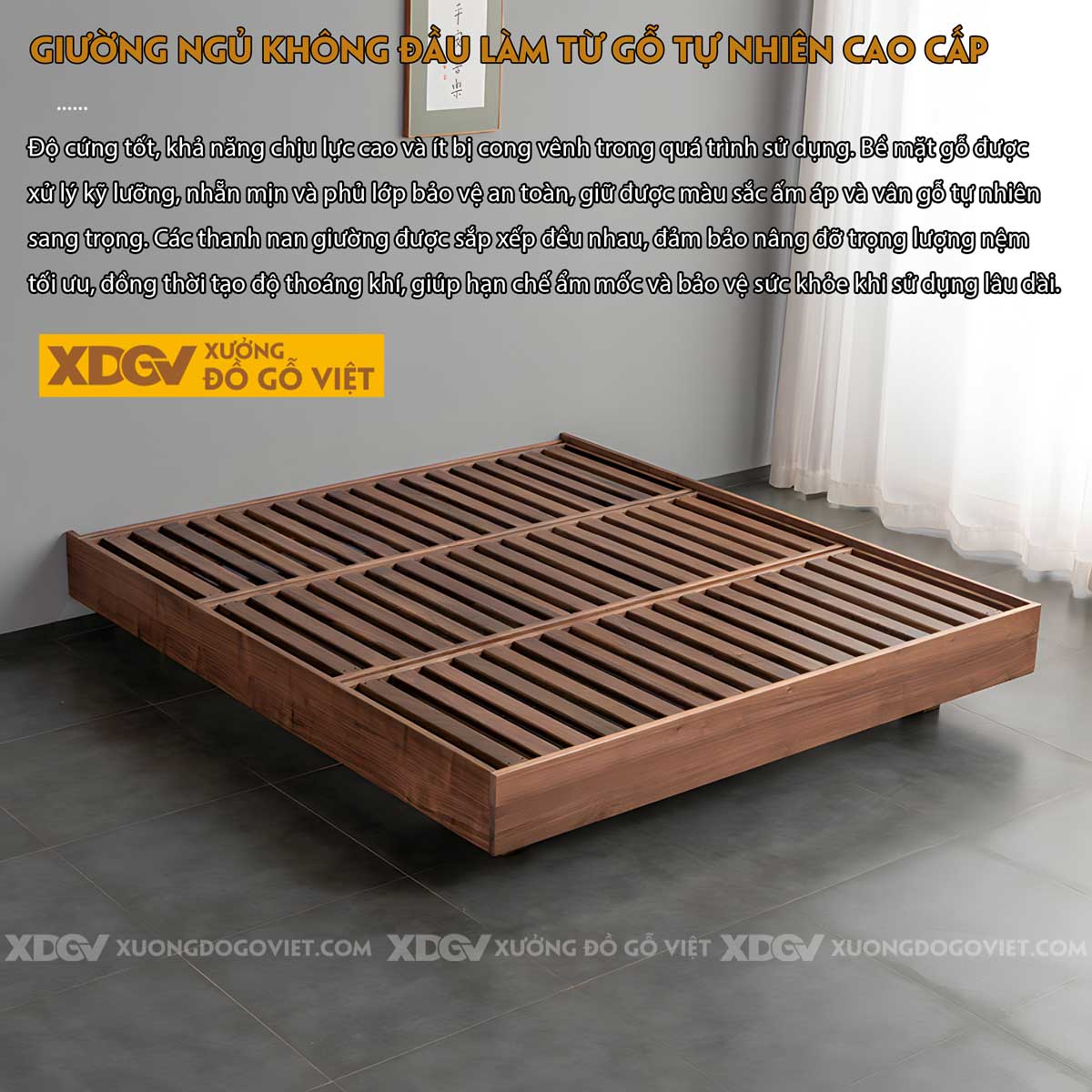 Giường Ngủ Hộp Gỗ Óc Chó Japandi Giấu Chân Tối Giản Hiện Đại