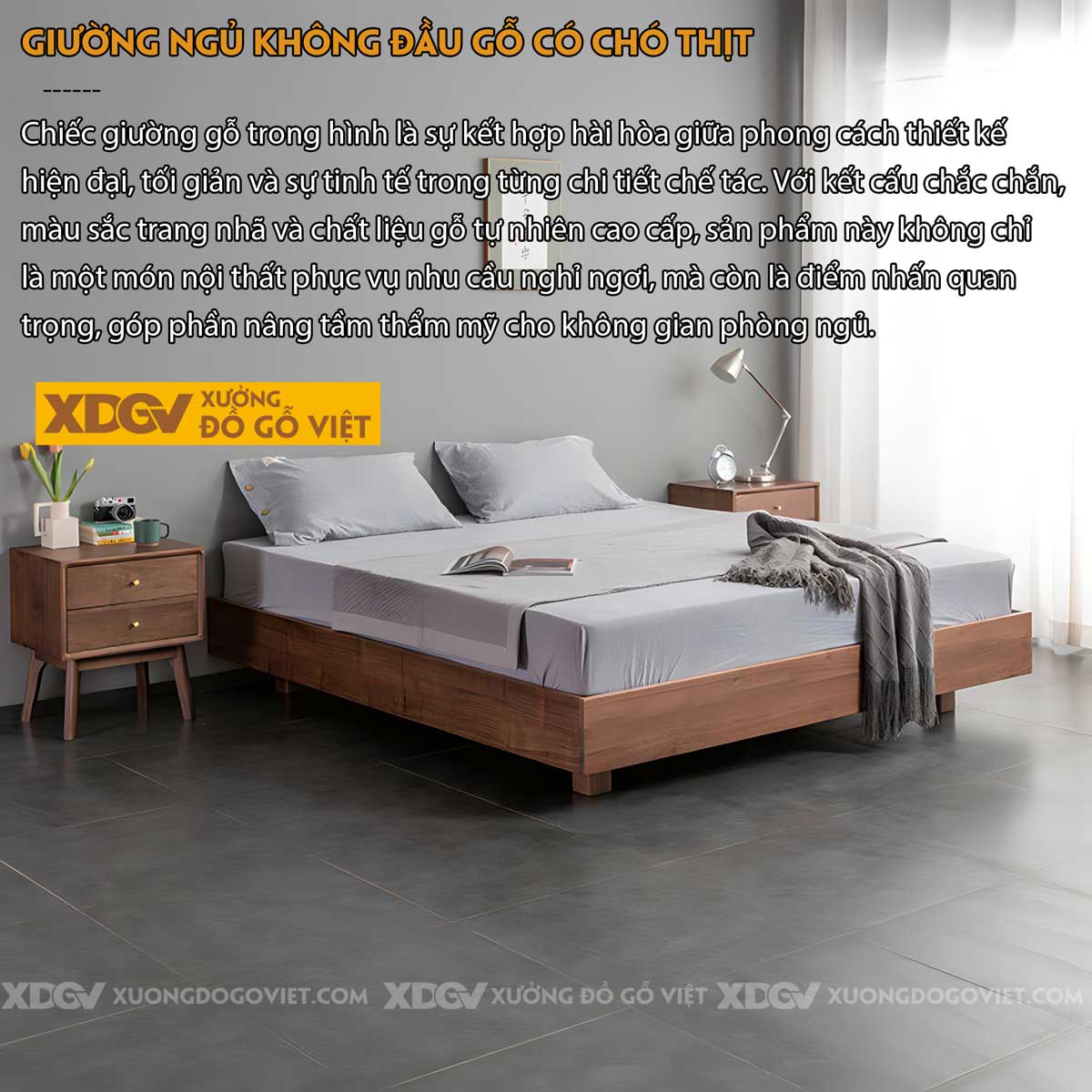 Giường Ngủ Hộp Gỗ Óc Chó Japandi Giấu Chân Tối Giản Hiện Đại
